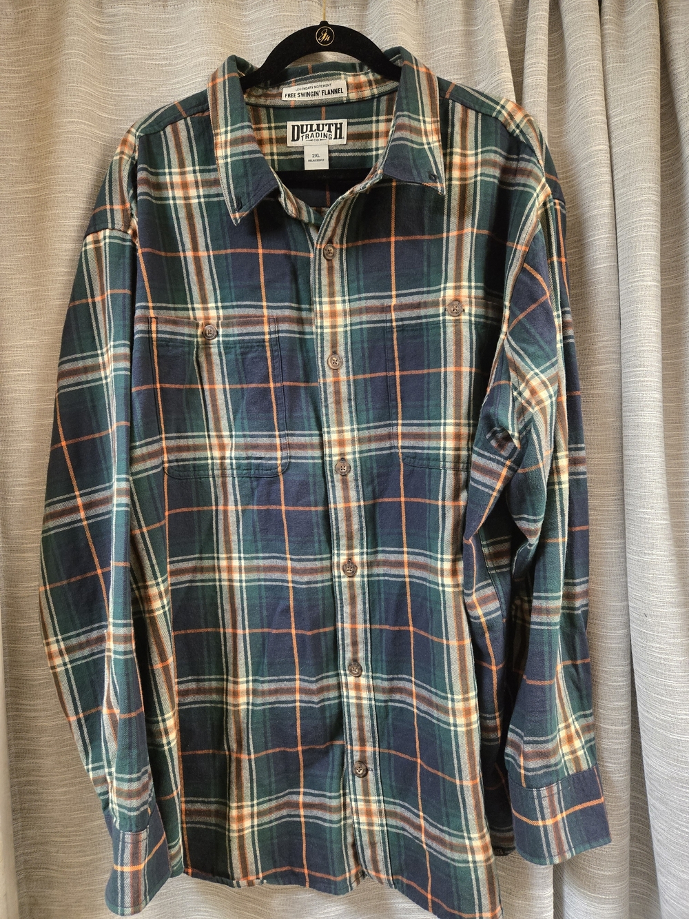 Duluth Trading Co Green and Navy Plaid Button-Down Shirt